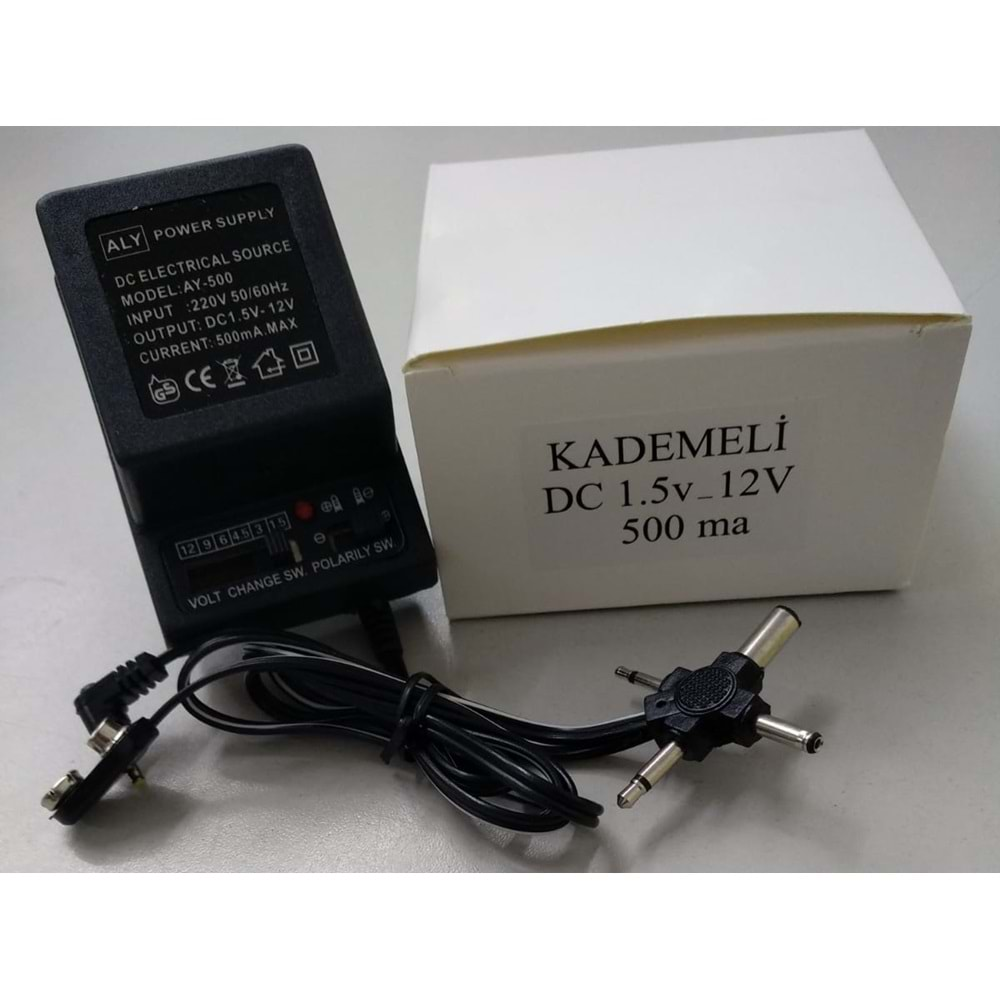 Aly AY-500 Dc 1.5 Volt -12 Volt 500 mA Kademeli Adaptör