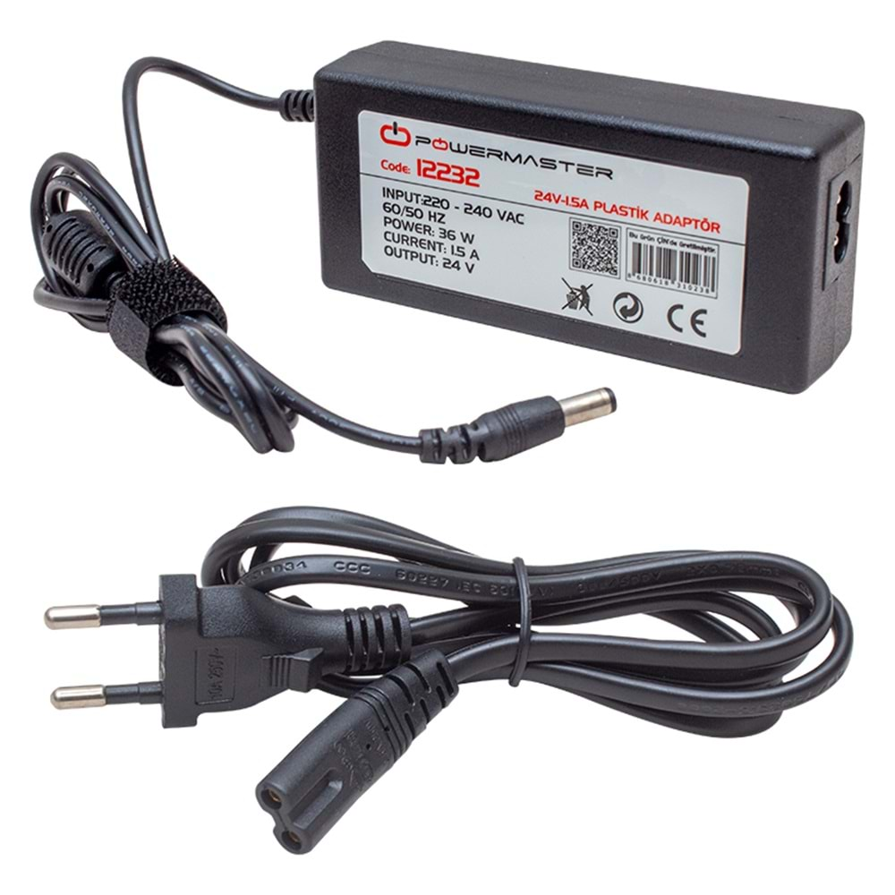 Powermaster PM-12232 24 Volt 1.5 Amper 5.5mm x 2.5mm Plastik Kasa Adaptör