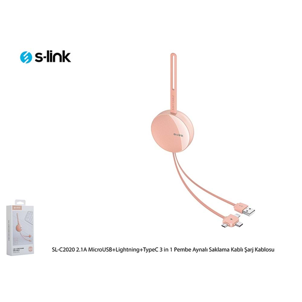 S-link SL-C2020 2.1A Micro Usb+Lightning+Type-C 3 in 1 Pembe Aynalı Saklama Kablı Şarj Kablosu