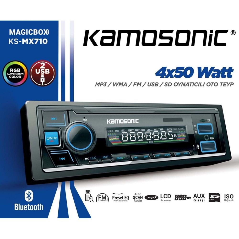 Kamosonic KS-MX710 4x50 Watt Bluetooth+Mp3+Wma+Fm+Usb+Sd Oynatıcılı Oto Teyp