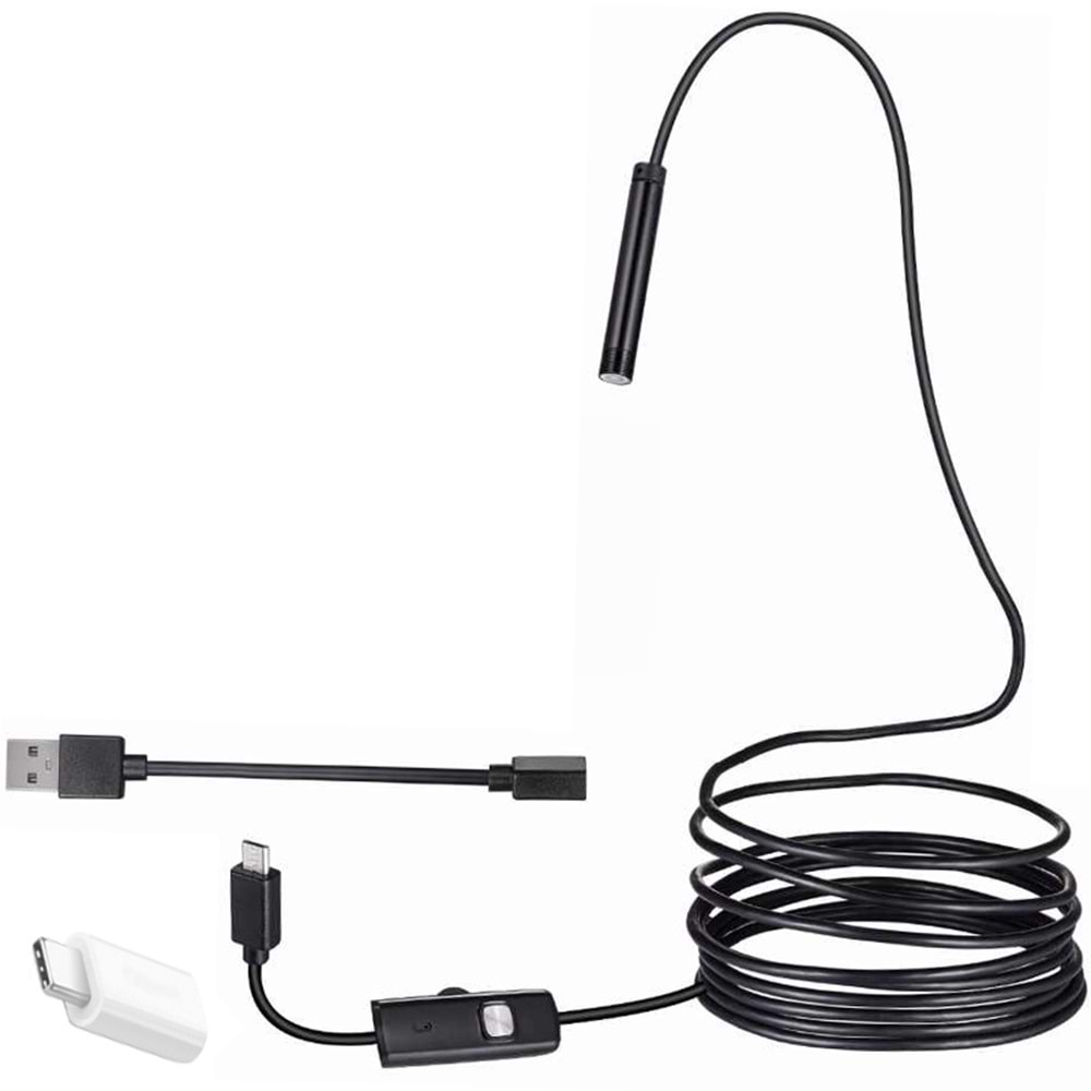 Powermaster 6026 3 in 1 Micro Usb+Type-C+Pc 7 mm Işıklı 5 Metre Endoskop Yılan Kamera Android Uyumlu