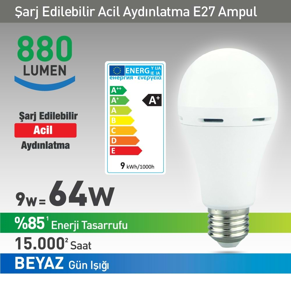 NextLed YE-E27-9WB 9 Watt Pilli Beyaz Şarjlı Ampul Led