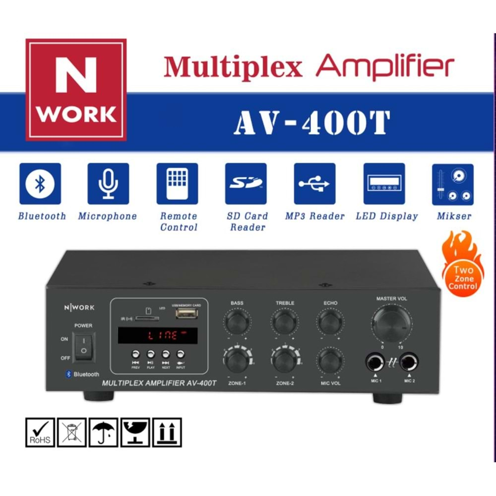 Nwork AV-400T 80 Watt Sd+Usb+Bluetooth+Kumanda Çift Kanal Trafolu Anfi