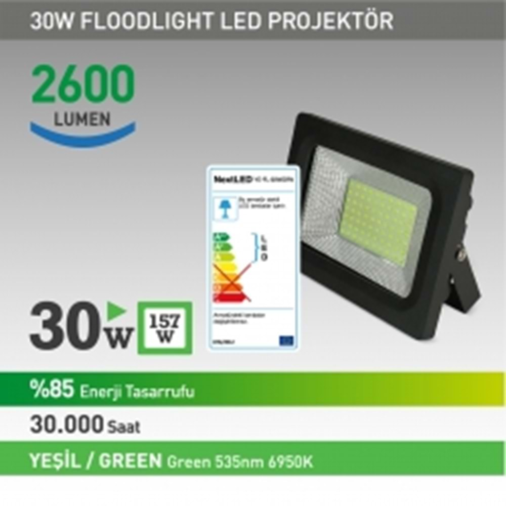 Nextled YE-FL-30WY 30 Watt IP66 Yeşil Projektör Led