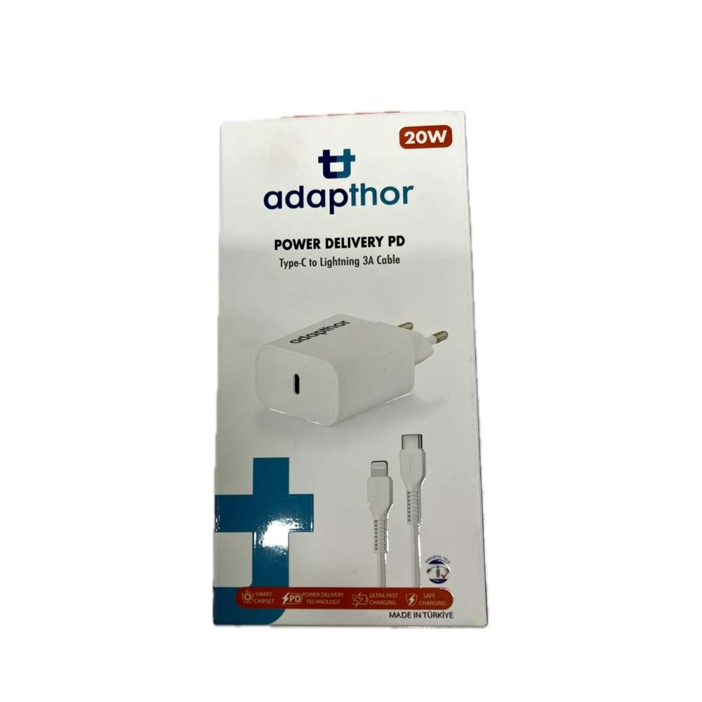 Adapthor TTA-200TI 20W 5V 3A/9V 2.22A/9V 1.67A PD + 3A Type C To Lightning Kablo Şarj Seti