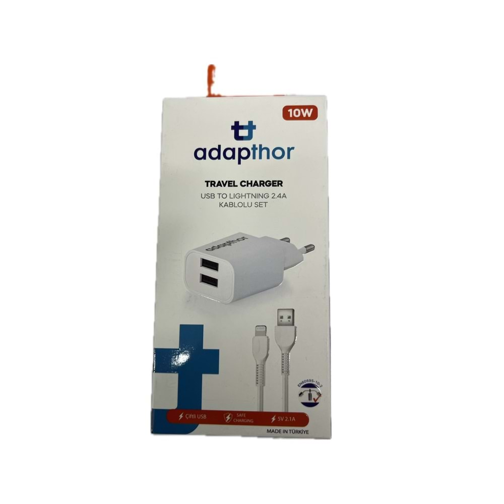 Adapthor TTA-521DULB24 10W 5V 2.1A Çift Usb + 2.4A Usb To Lightning Kablo Şarj Seti