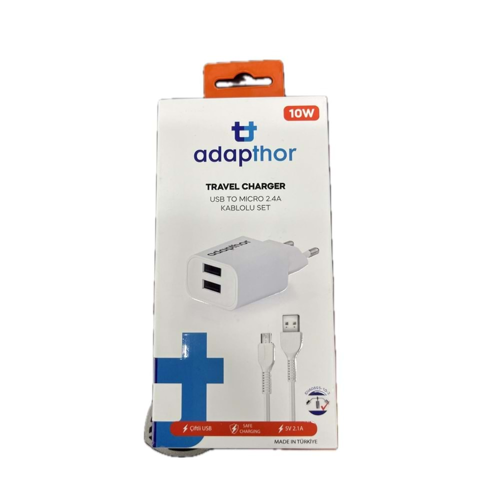 Adapthor TTA-521DUMB24 10W 5V 2.1A Çift Usb + 2.4A Usb To Micro Kablo Şarj Seti