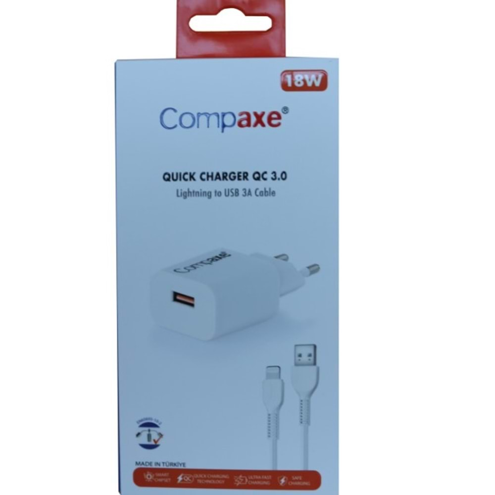 Compaxe CTA-150IU 18W 5V 3A/9V 2A/12V 1.5A QC Adaptör + 3A Usb To Lightning Kablo Şarj Seti