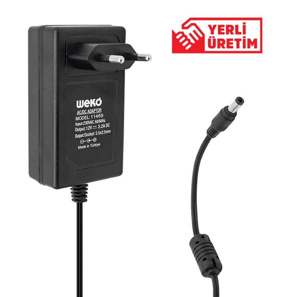Weko 11469 12 Volt 3.2 Amper 38 Watt Plastik Kasa Priz Tipi Adaptör (5.5x2.5 Uçlu)
