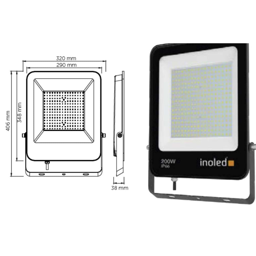 İnoled 7220-01 200W 6500K Egra Serisi IP66 Beyaz Led Projektör