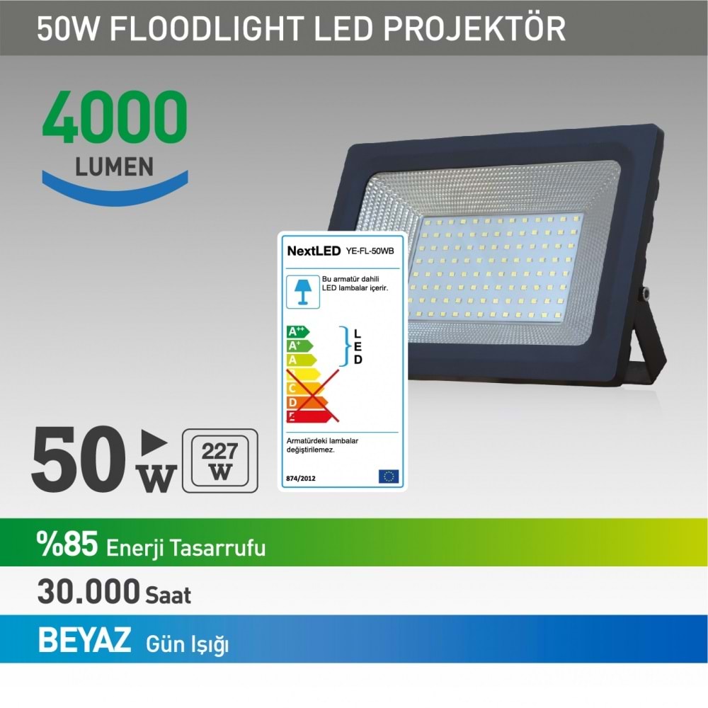 Nextled YE-FL-50WB 50 Watt Beyaz Projektör Led