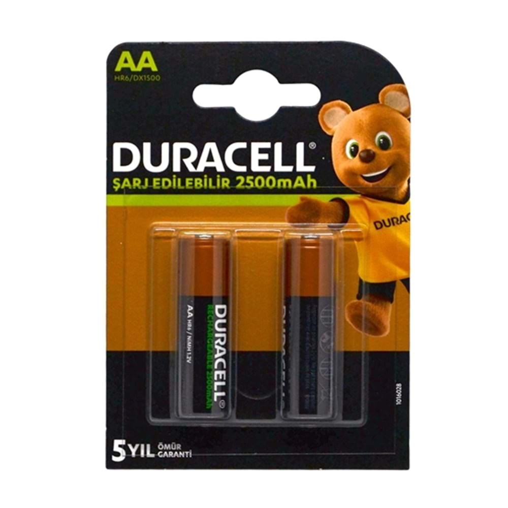 Duracell HR6/DX1500 2500 mAh AA Ni-MH Şarj Edilebilir Kalem Pil 2 Li Paket Halinde