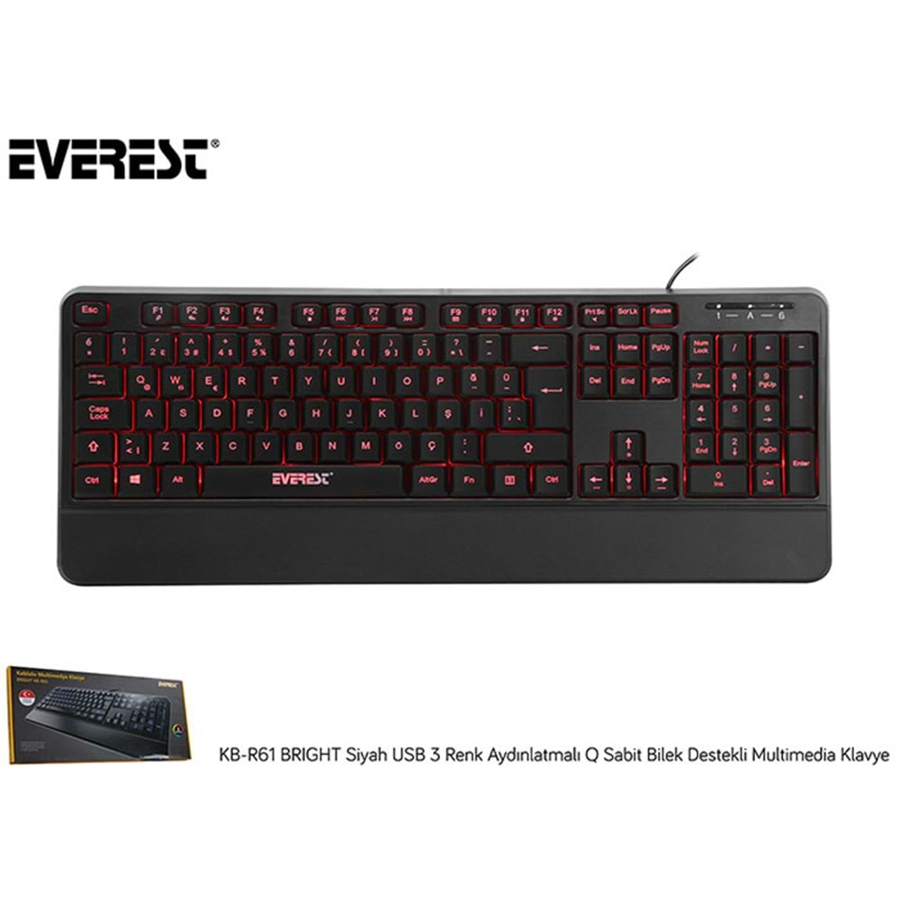 Everest KB-R61 BRIGHT Siyah Usb 3 Renk Aydınlatmalı Q Sabit Bilek Destekli Multimedia Klavye