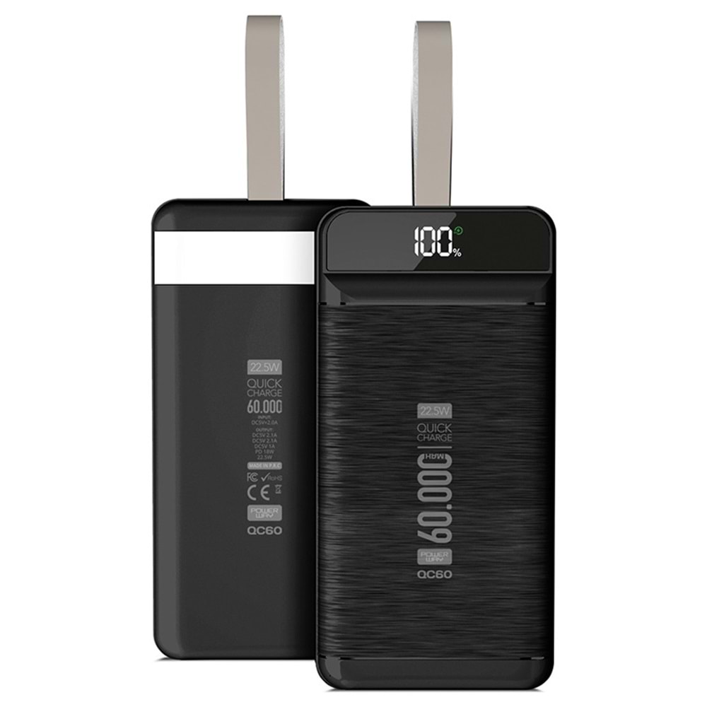 Powerway 22460 QC60 60000 mAh 22.5W Kablolu 3.0 Çift Usb Dijital Ekran Powerbank