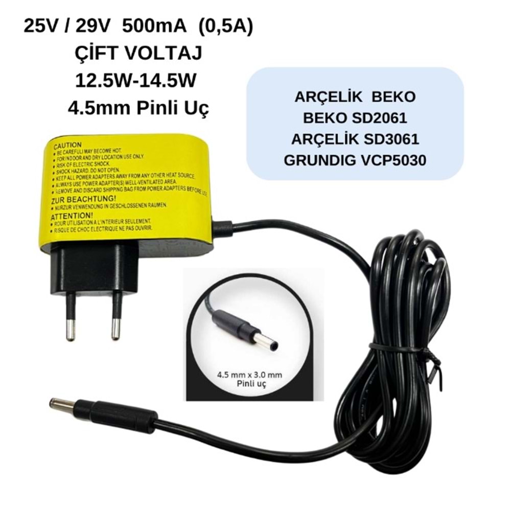 Swat ATZ435 25V/29V Çift Voltaj 500mA Arçelik-Beko-Grundig Dikey Süpürge Şarj Adaptörü