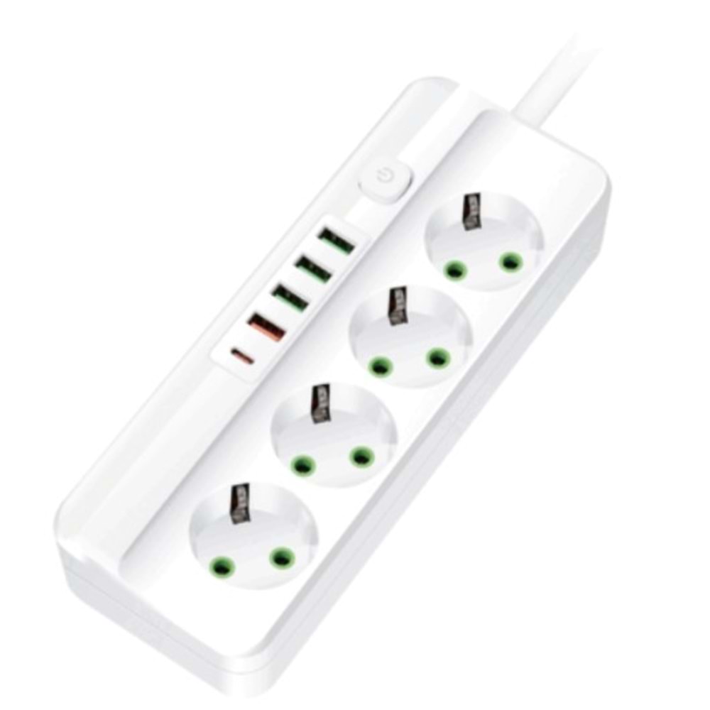 Cvs DN-9274 3 Usb ve 1 Type-C Girişli 4 Lü Priz 2 Metre Akım Korumalı Kablolu Priz SB