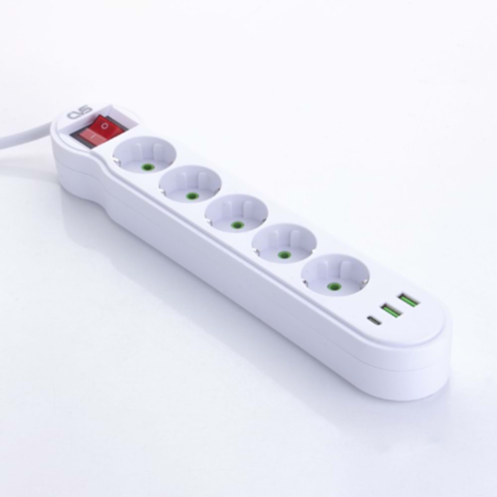 Cvs DN-9277 2 Usb ve 1 Type-C Girişli 5 Li Priz 2 Metre Anahtarlı Akım Korumalı Kablolu Priz Siyah
