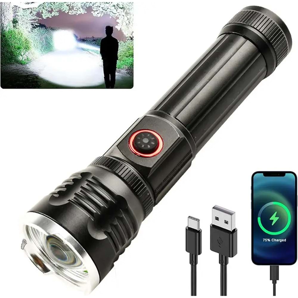 Gold Orion OR-2304-TG Zoomlu Güçlü USB Şarjlı 5000m El Feneri