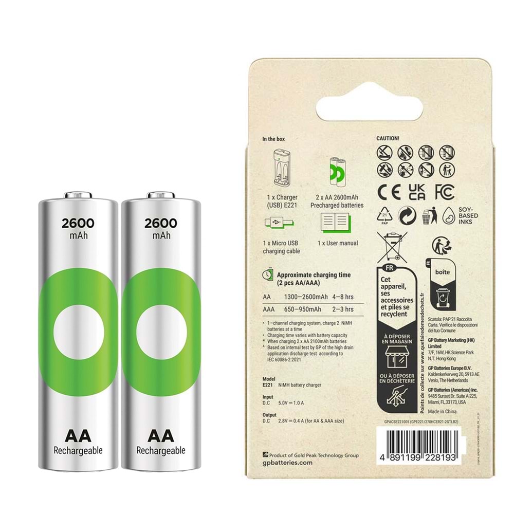 Gp Recyko E221 2x2600 mAh R6 AA Pilli Şarj Cihazı (GP-E221/270AHCER21-2GTLB2)