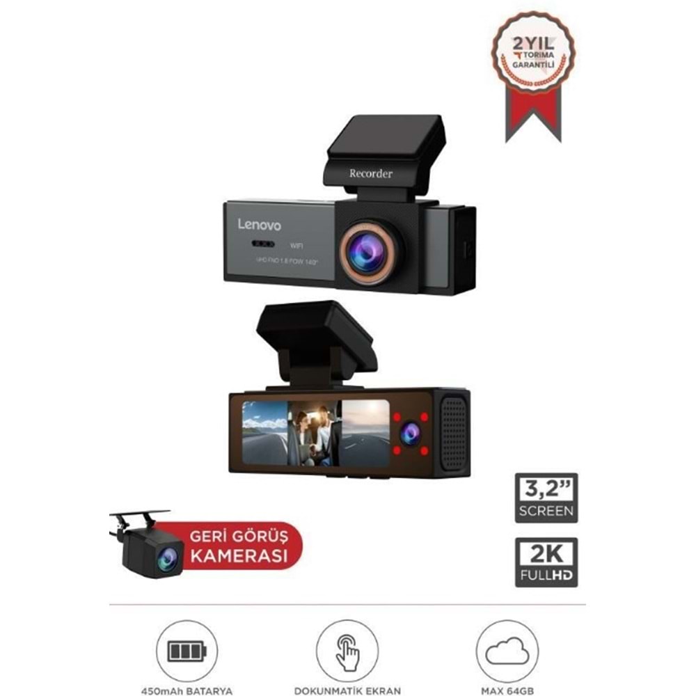 Lenovo Q7-7302 Siyah 1080P Wifi Araç içi Dokunmatik Ön İç Ve Arka Araç Kamerası