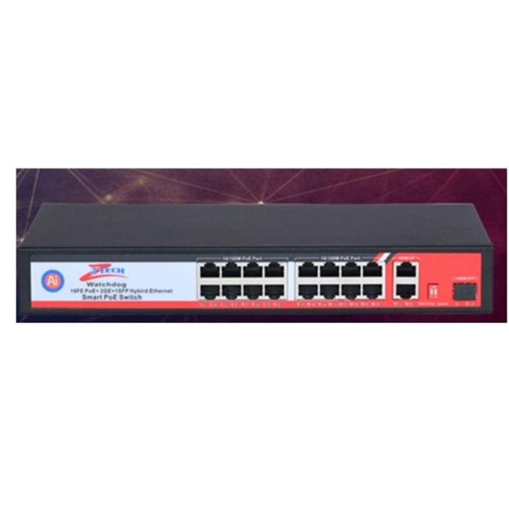 Ztech ZR-1016 16+2+1 Poe Switch 260w +2 10/100/1000 16 Port Poe