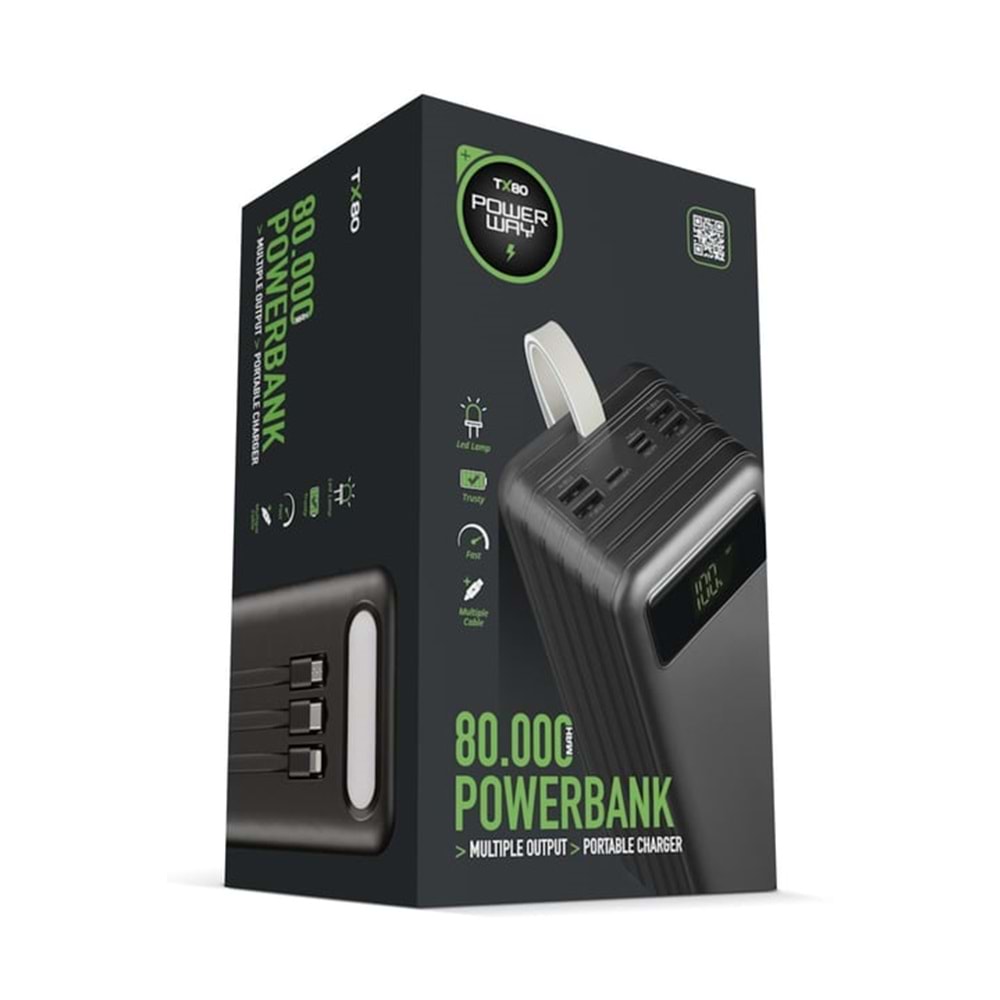 Powerway TX80 80.000 mAh Çoklu Çıkış Dijital Göstergeli Ekstra Kablolu Powerbank