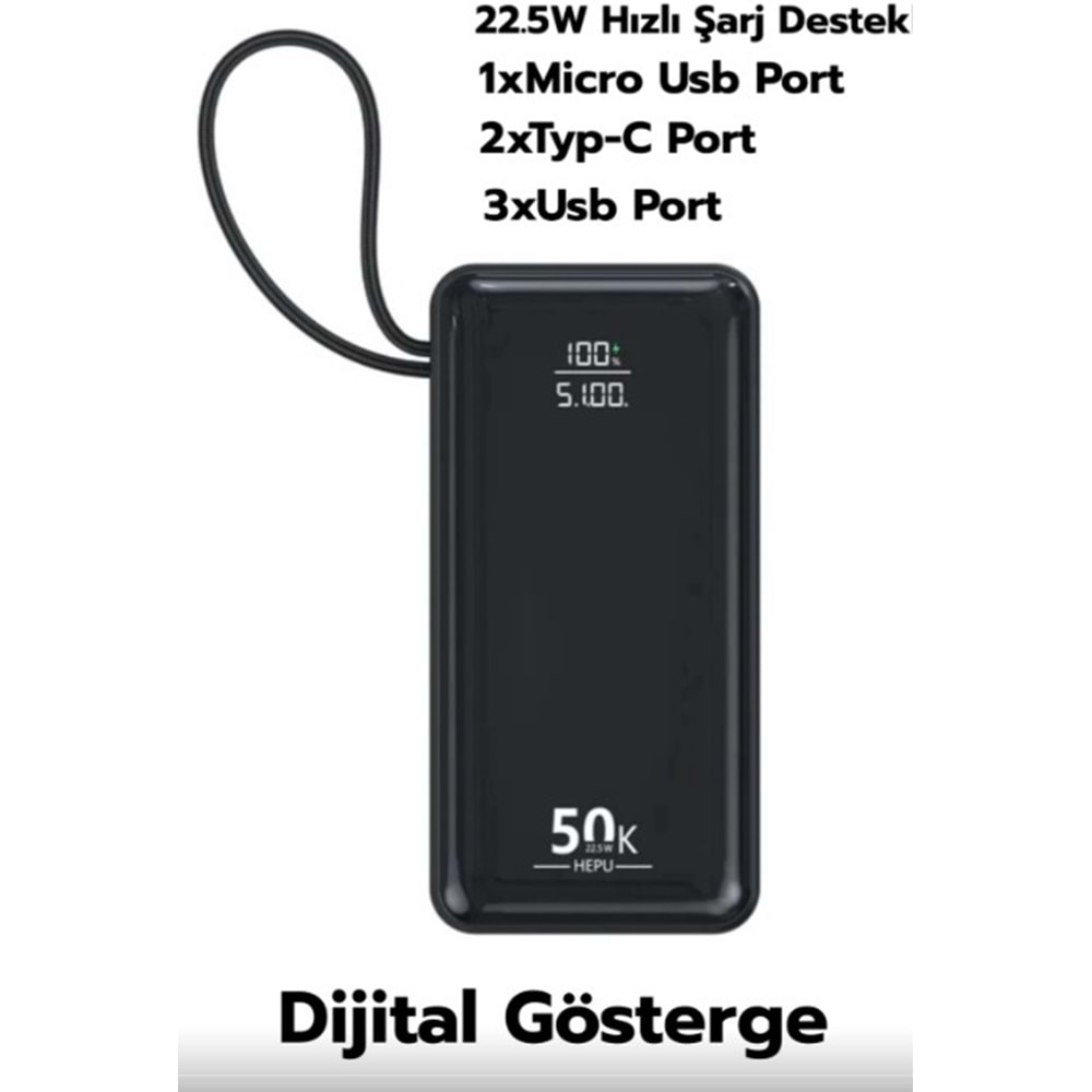 Hepu HP-255 50.000Mah 22.5W Siyah LCD 1xMicro 2xType-C 3xUsb Port Powerbank