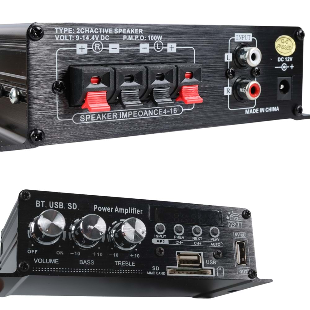 Magicvoice YW-406L 12 Volt 100 Watt Motosiklet Bluetooth Amfi USB/SD 2 Kanal Pazarcı - Anfi (154X80X42Mm)