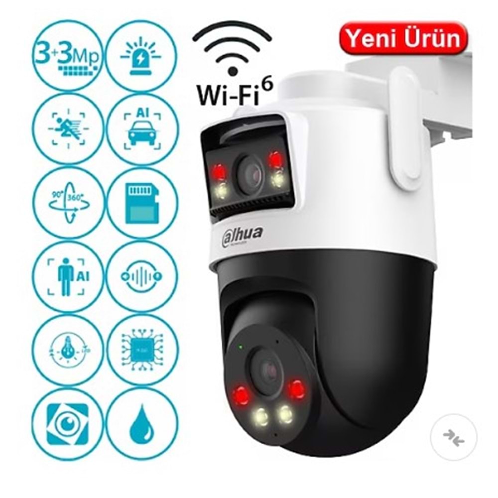 Dahua IPC-WPT1339DD-SW-3E2 3MP+3MP Çift Kameralı H265+ Wifi Sesli Konuşmalı Akıllı IP PT Kamera