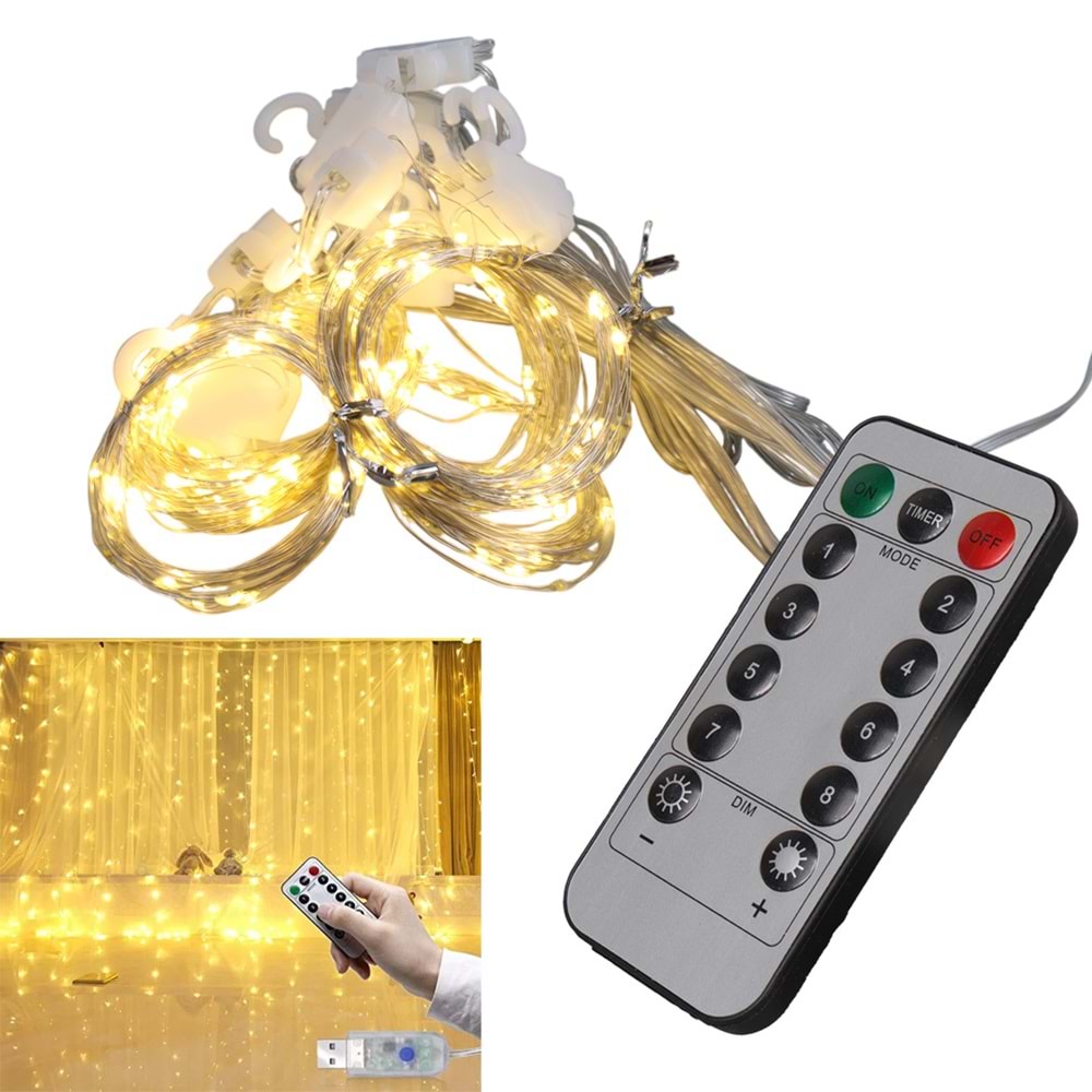 Winnboss EKL-11 300 Günışığı Ledli Peri Motifli 3X3 Perde Dekoratif Aydınlatma 8 Modlu USB 5VDC Kumandalı