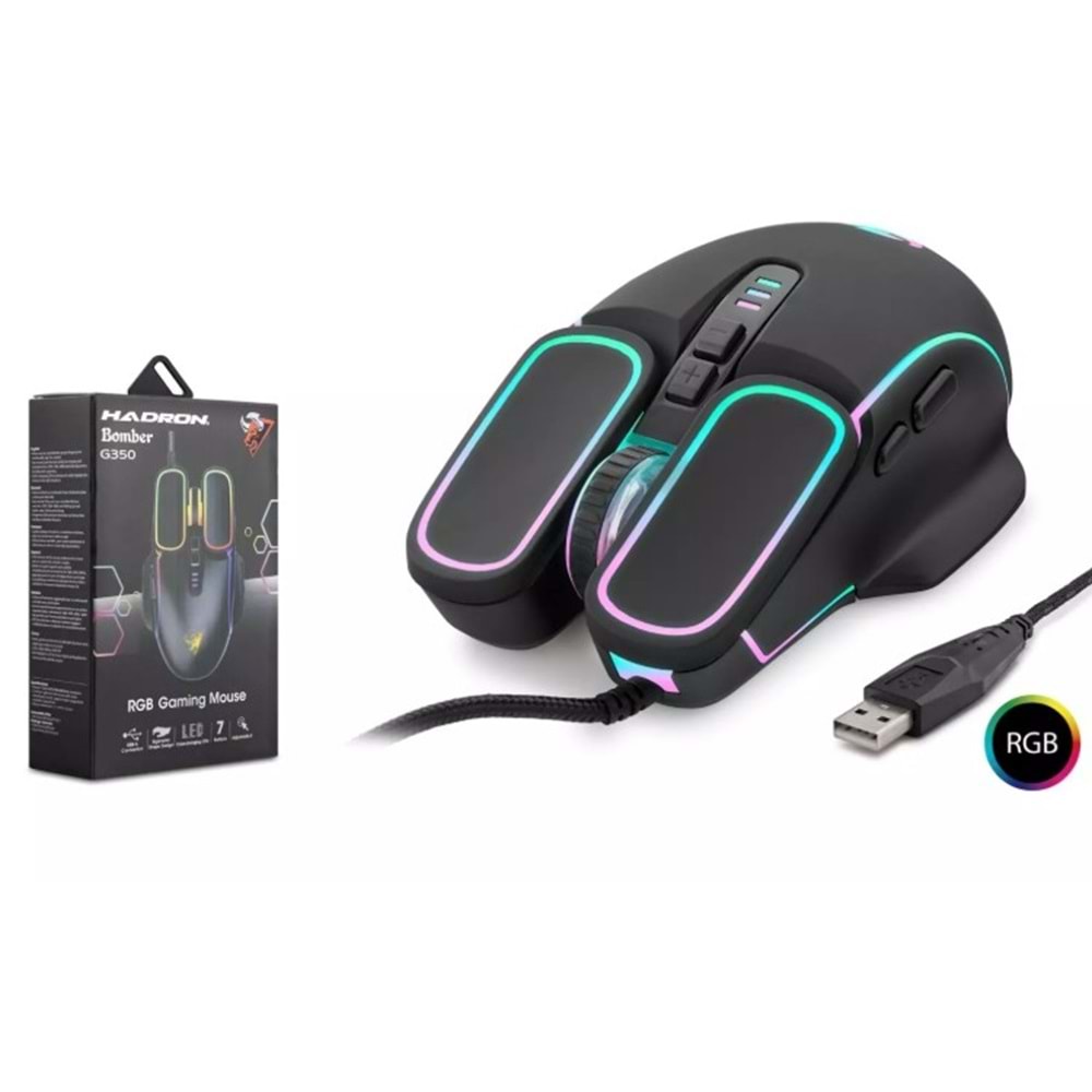Hadron Bomber G350 Kablolu Oyuncu Mouse Rgb 6400Dpi 150Cm Siyah