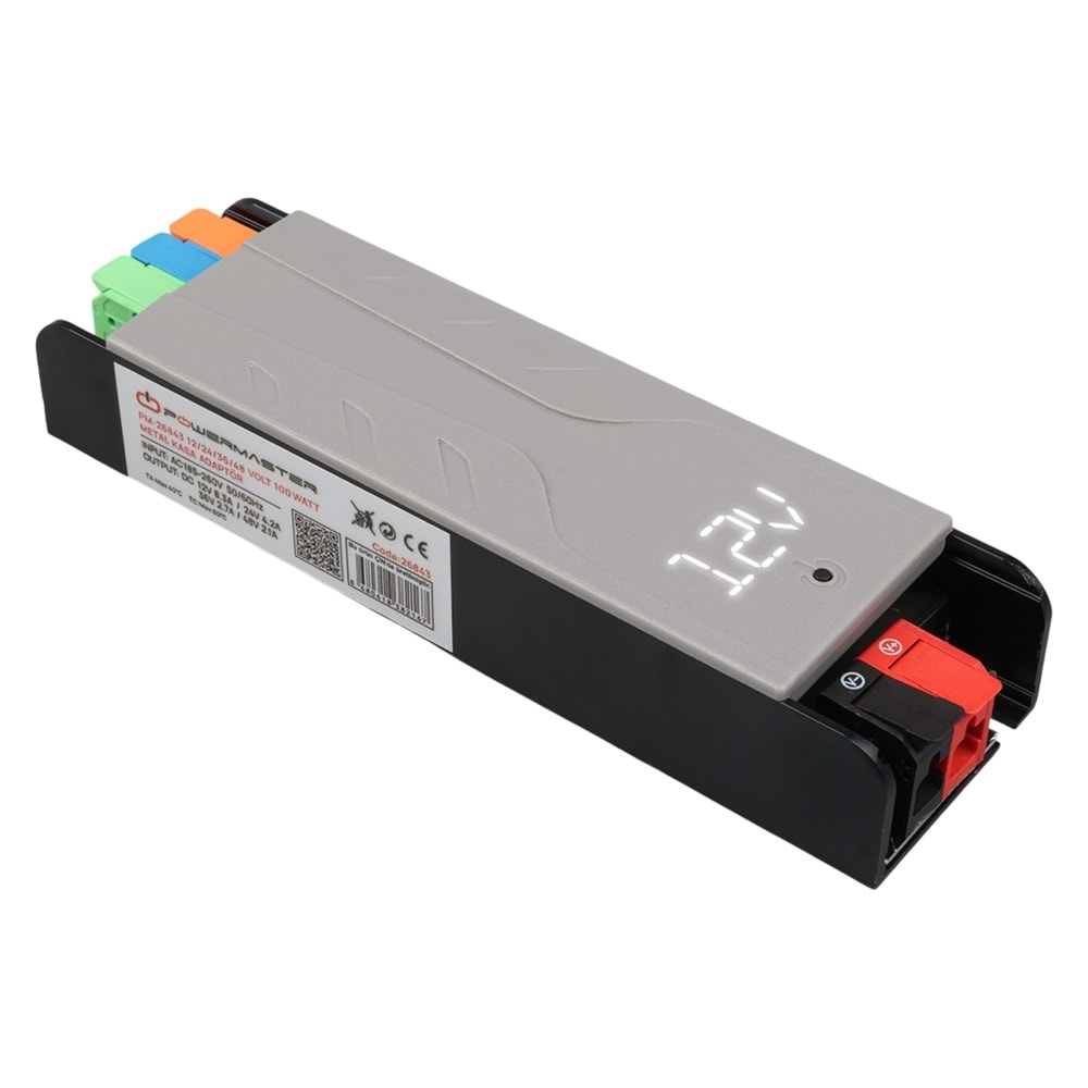 Powermaster PM-26843 12/24/36/48 Volt 4 Amper 100 Watt Metal Kasa Kademeli Adaptör Voltaj Göstergeli 148x43x27mm