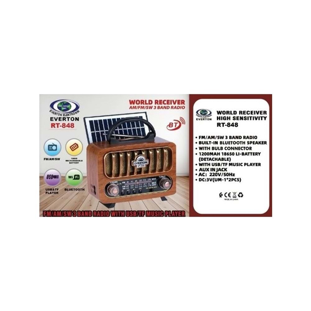 Everton RT-848 Nostaljik Görünümlü USB Sd Aux Bluetooth Destekli Solar Panelli Şarjlı + Pilli Radyo