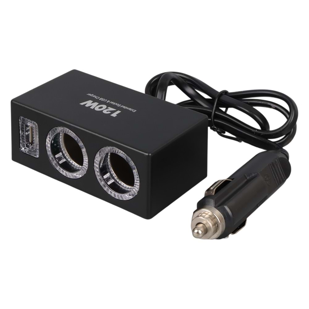 Olesson 1522 12-24V Tek USB Girişli 120W 80cm Kablolu 2'li Araç Çakmak Çoklayıcı