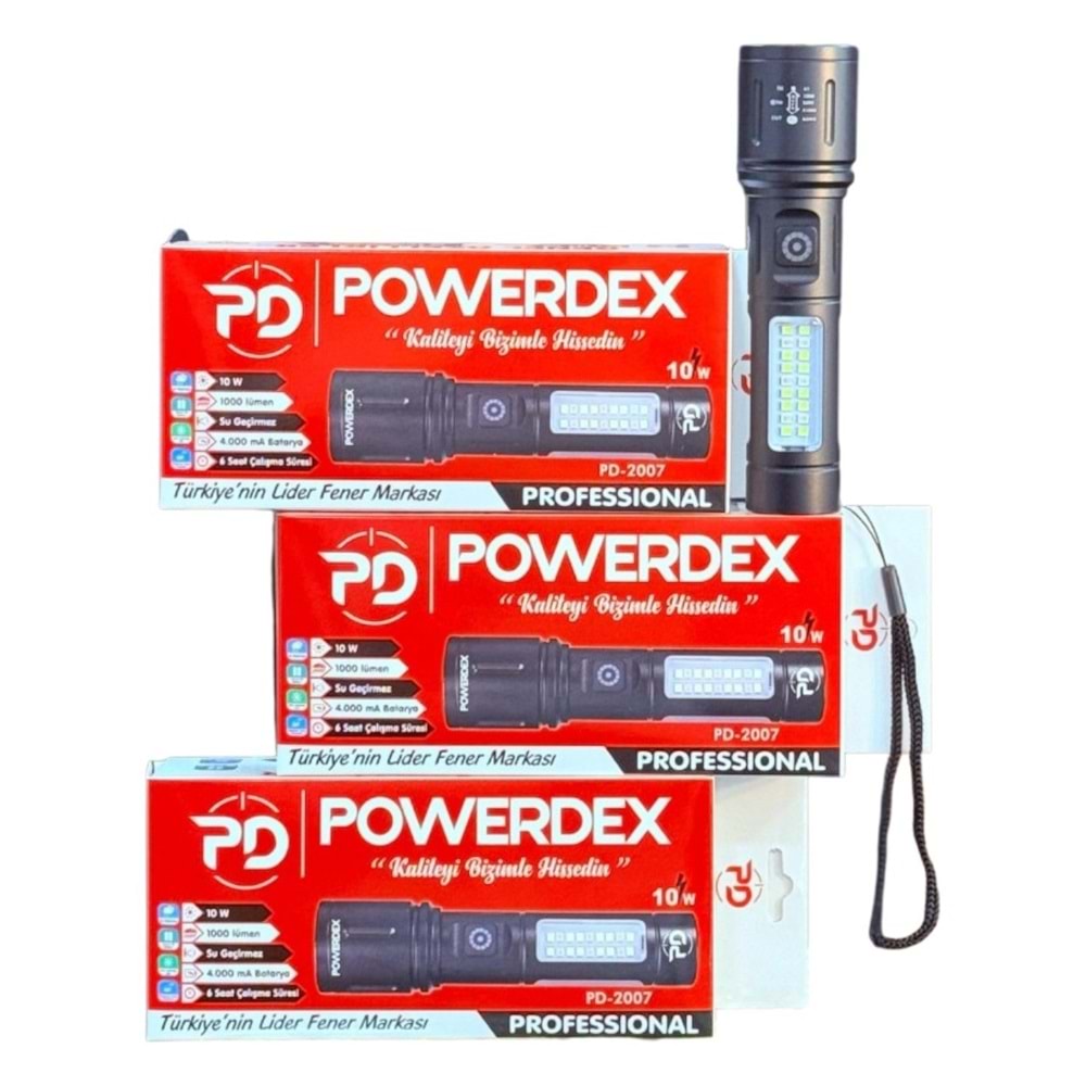 Powerdex PD-2007 10W Led 1000 Lümen Zoom Cob Yan Işık + Çakar Mod, Suya Dayanıklı Şarjlı El Feneri