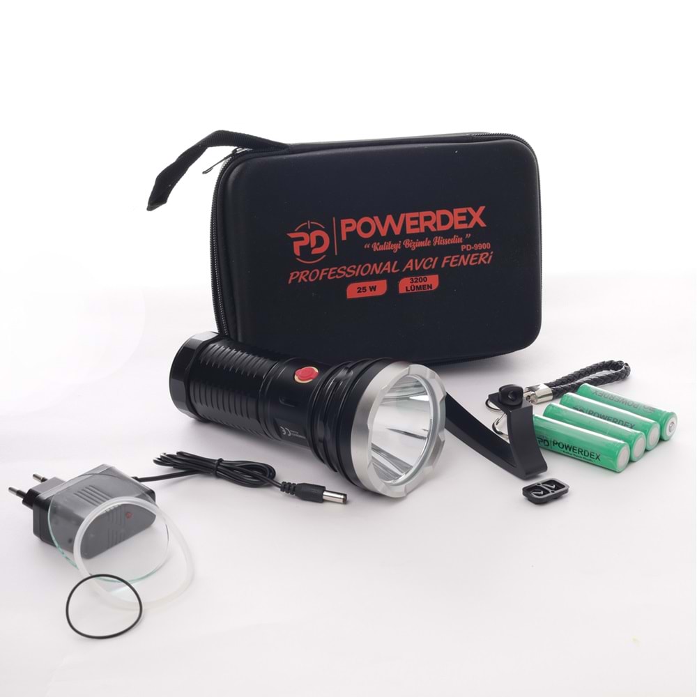 Powerdex PD-9900 Su Geçirmez 25 Watt 3200 Lümen Süper Güçlü LED Profesyonel Şarjlı El Feneri