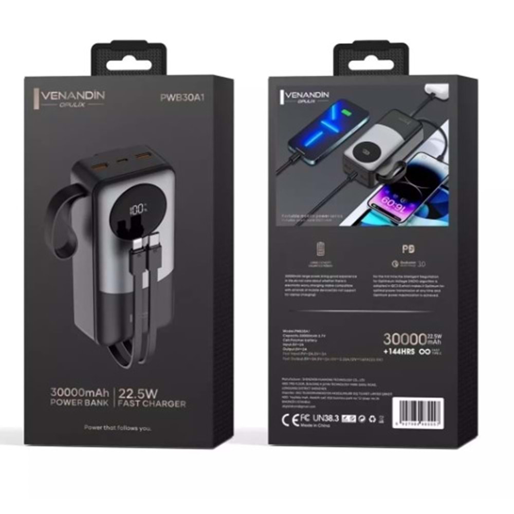 Venandin PWB30A1 30.000 Mah Led Göstergeli 22.5w Hızlı Kendinden kablolu Powerbank