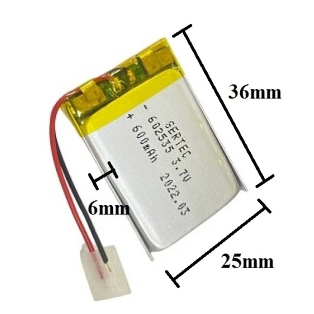 Sertec 602535 3.7 Volt 600mAh Lityum Devreli Polimer Pil