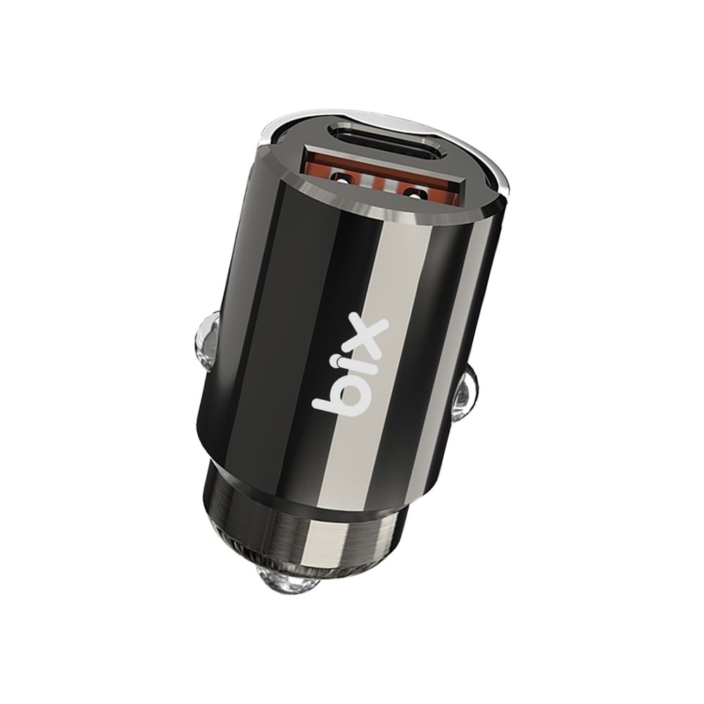 Bix BX-CCP45W 45W Type-C Pd ve Usb-A Qc 3.0 18W Çift Çıkışlı Mini Metal Araç Şarj Cihazı Siyah