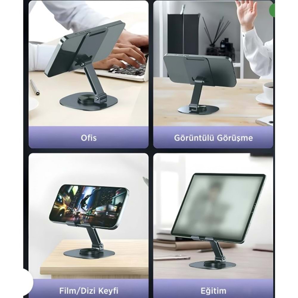 Bix TS01 Katlanabilir 360° Çok Açılı Yükseklik Ayarlı Metal Masaüstü Tablet iPad Tutucu Telefon Standı Gri