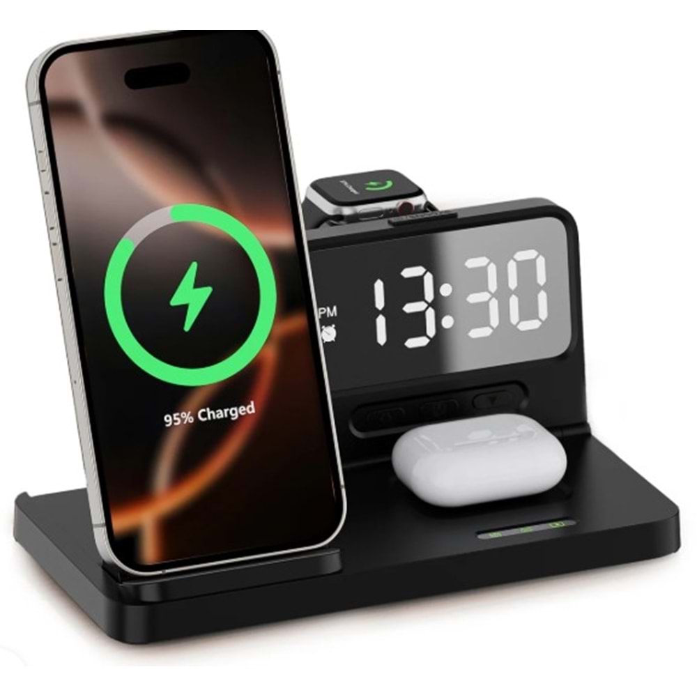 Bix BXMW4 Alarmlı Saat 15W Kablosuz Şarj Standı Wireless Şarj Kaynağı Siyah