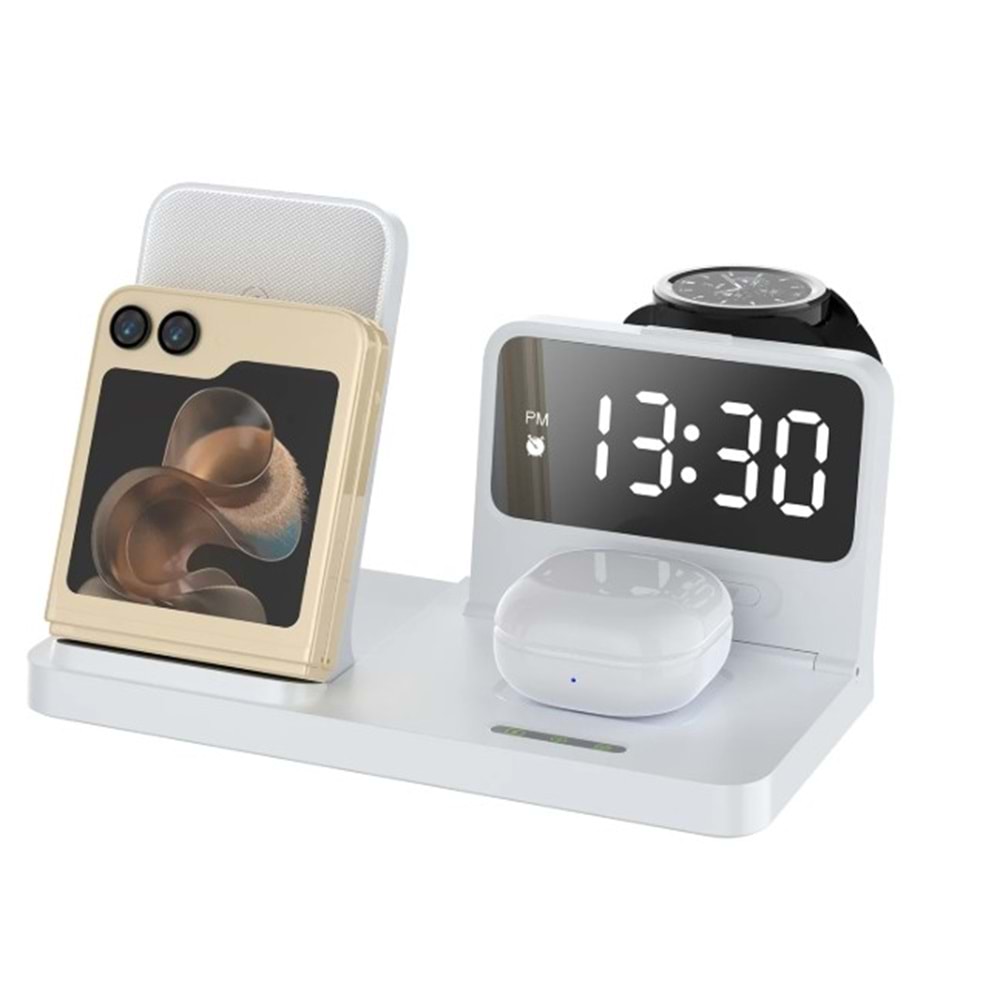 Bix BXMW4 Alarmlı Saat 15W Kablosuz Şarj Standı Wireless Şarj Kaynağı Beyaz