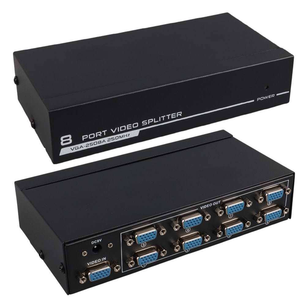 PowerMaster PM-2553 8 Port VGA Dağıtıcı Çoğaltıcı Splitter 9 Volt Adaptörlü 1920X1440 250Mhz
