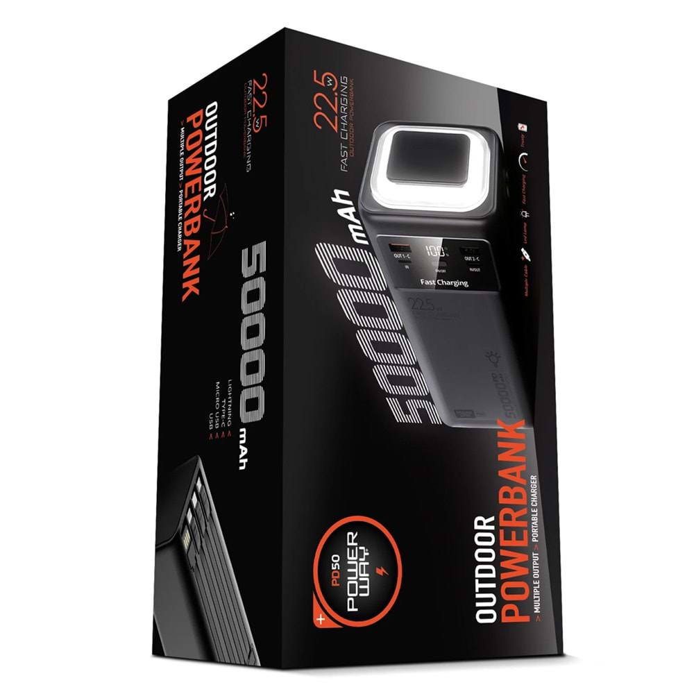 Powerway PD50 22.5 Watt Super Hızlı Dijital Göstergeli Orijinal 50000 MH Kablolu Powerbank