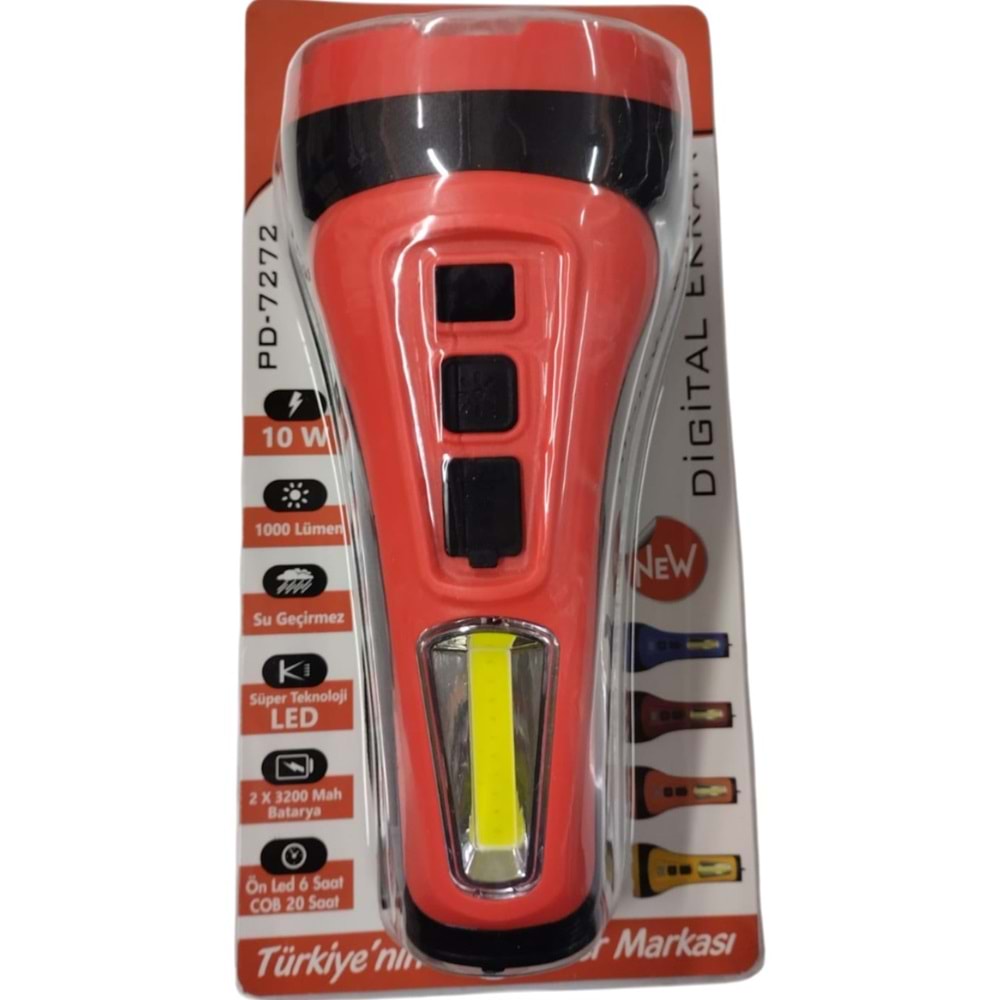 Powerdex PD-7272 Profesyonel El Feneri 10W – 1000 Lümen – 6400 Mah – Powerbank Özellikli & Cob LED Aydınlatma