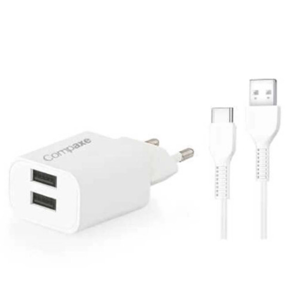 Compaxe CTA-521DUTB24 Çift Usb 5V 2.1A 10W 1 mt Usb 3.0 Ev Şarj Kafa + Usb to Type-C A .Şarj Kablosu