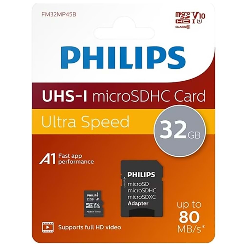 Philips 32GB Micro Sdhc Kart + Sd Adaptör - Class 10 Uhs-I U1, 80MB/S Okuma Hızı