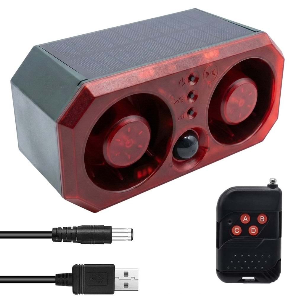 PowerMaster PM-26945 13 Farklı Sesli Hayvan Kovucu Alarm Cihazı 130dB Mikrofonlu Şarjlı Solar Panelli