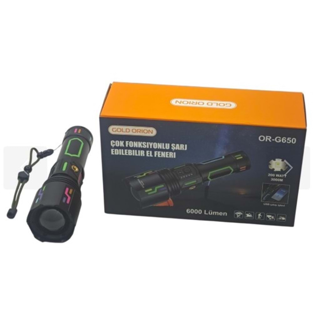 Gold Orion Or-G650 200W Zoomlu 6000 Lümen Powerbank Şarjlı El Feneri