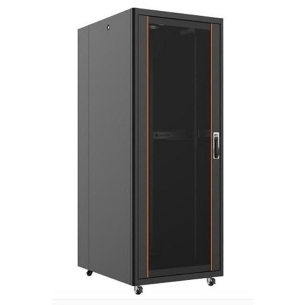 Ager AG-VB42U8010S1-BAAA-A-M1 Montajlı Vega Serisi Dikili Tip Kabinet (Ön Tek Açılım Cıtalı Cam/B - S1 Siyah) + Teker Takımı